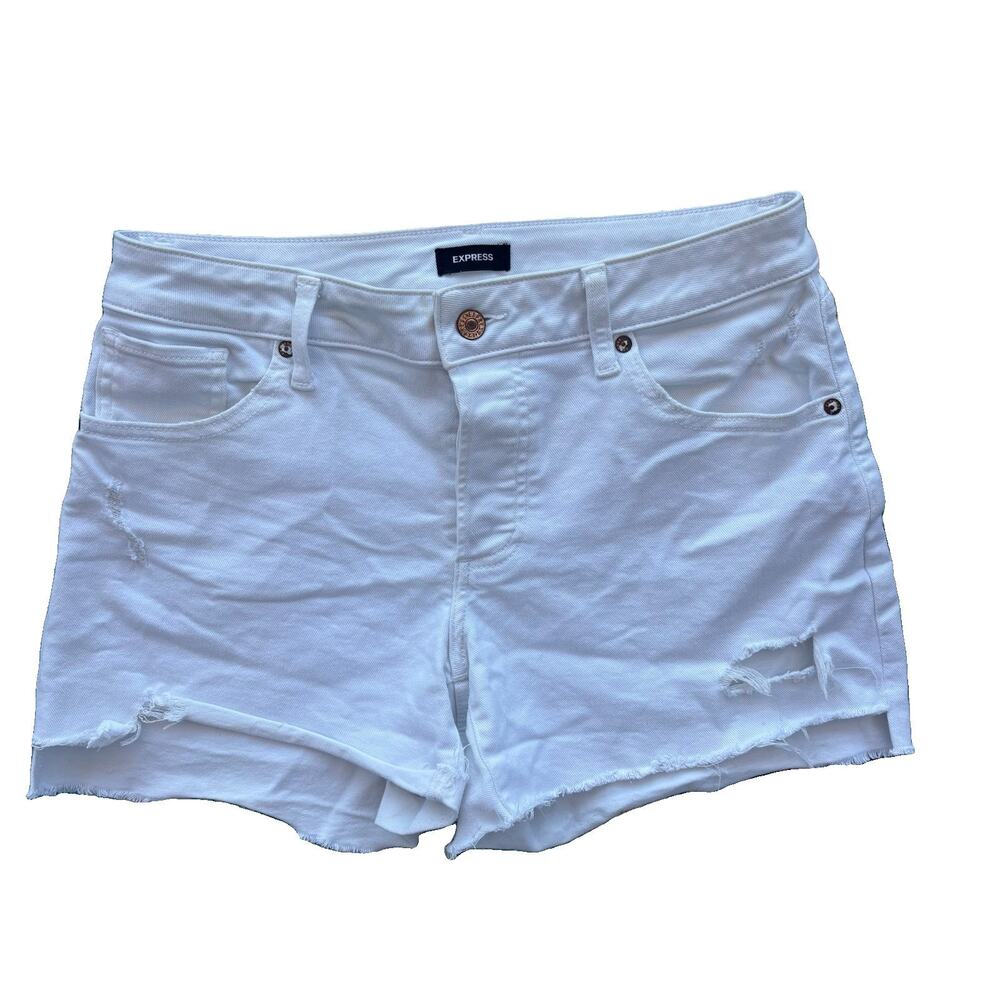Express Boyfriend Midi Mid Rise White Denim Cutoff Distressed Shorts Women’s 6